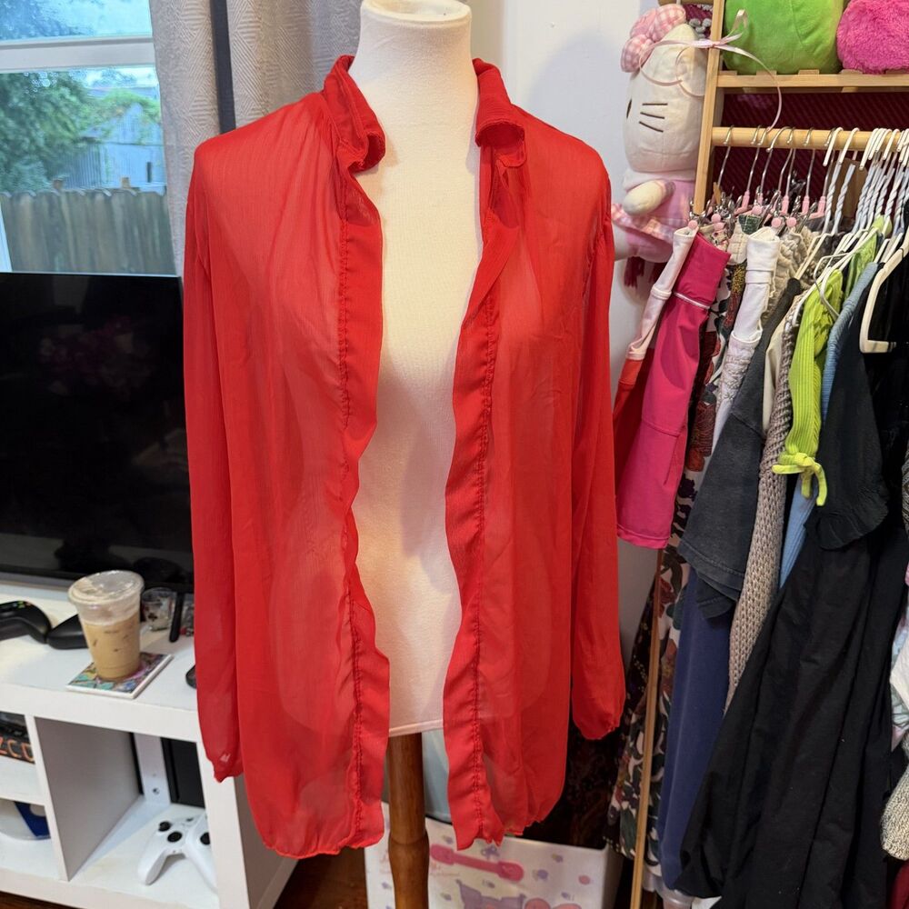 Red sheer flowy opaque long sleeve cardigan lingerie/cover up with ruffles